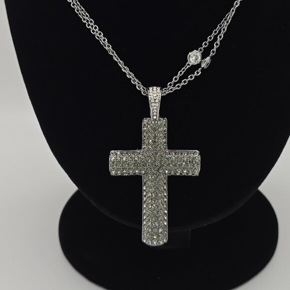 Silver Crystal-Encrusted Cross Necklace - Picture 2 of 6